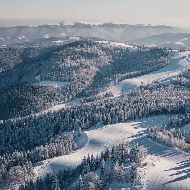 Snow-covered pine runs on the upper slopes above Bukovel
