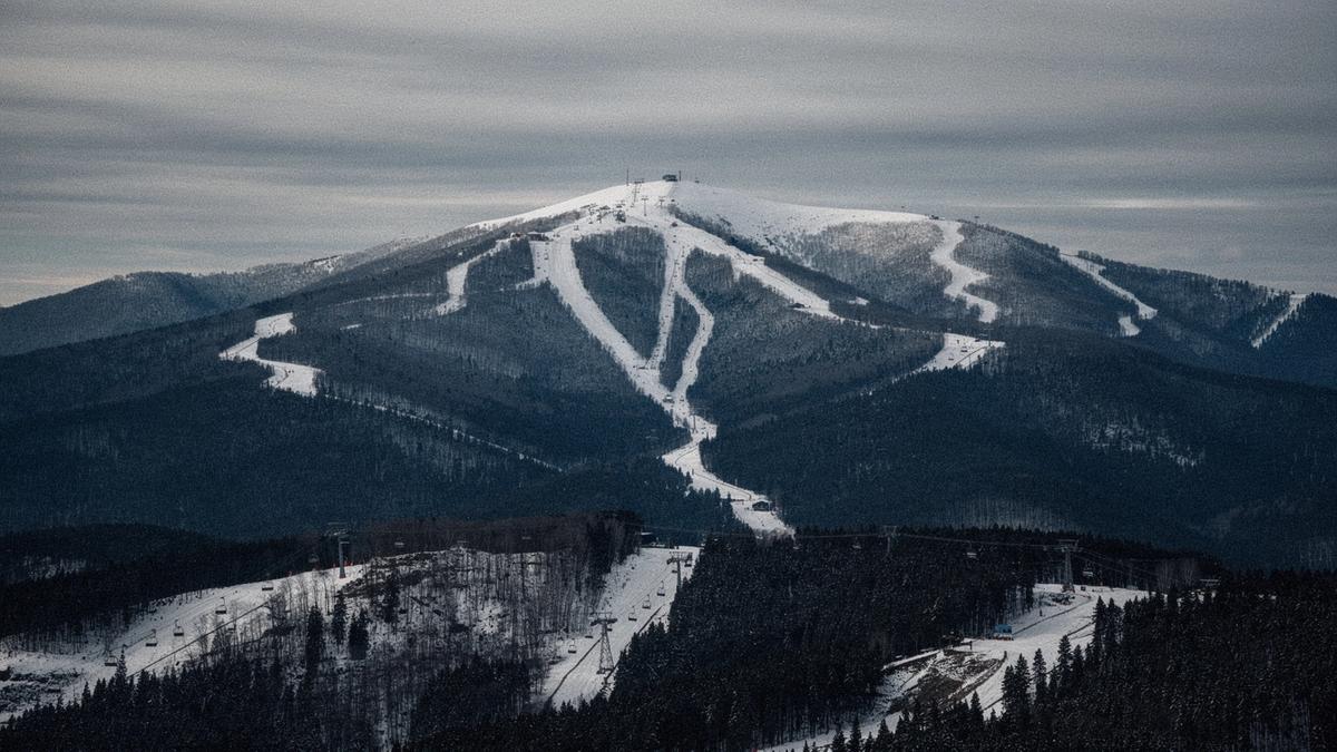 Duotone view of the snow-covered Bukovel ridge in the Carpathians, photographed 14 January 2025